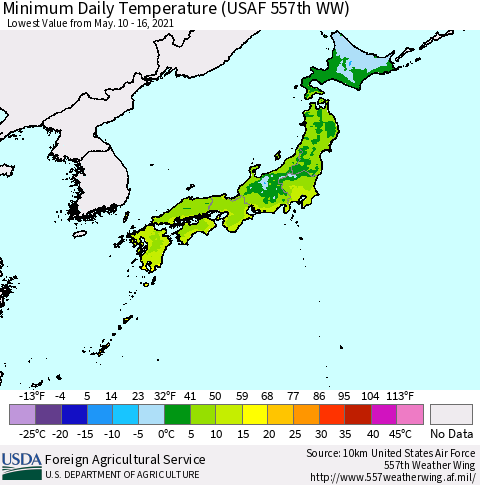 Japan Minimum Daily Temperature (USAF 557th WW) Thematic Map For 5/10/2021 - 5/16/2021