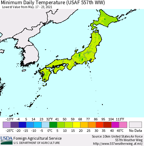 Japan Minimum Daily Temperature (USAF 557th WW) Thematic Map For 5/17/2021 - 5/23/2021