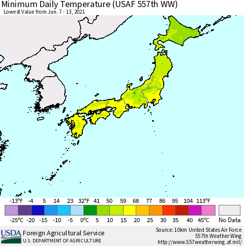 Japan Minimum Daily Temperature (USAF 557th WW) Thematic Map For 6/7/2021 - 6/13/2021