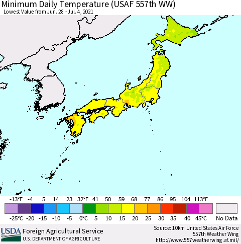 Japan Minimum Daily Temperature (USAF 557th WW) Thematic Map For 6/28/2021 - 7/4/2021