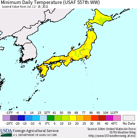 Japan Minimum Daily Temperature (USAF 557th WW) Thematic Map For 7/12/2021 - 7/18/2021