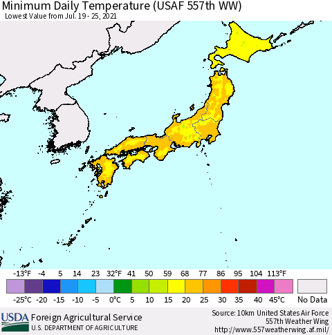 Japan Minimum Daily Temperature (USAF 557th WW) Thematic Map For 7/19/2021 - 7/25/2021