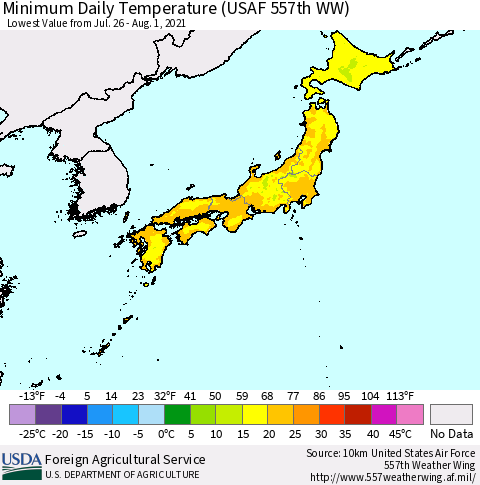 Japan Minimum Daily Temperature (USAF 557th WW) Thematic Map For 7/26/2021 - 8/1/2021