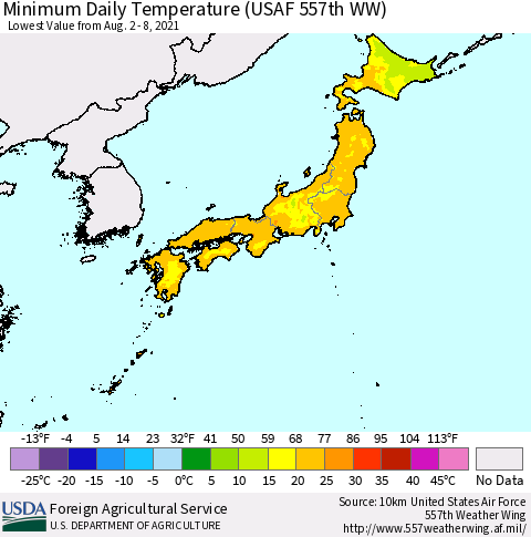 Japan Minimum Daily Temperature (USAF 557th WW) Thematic Map For 8/2/2021 - 8/8/2021