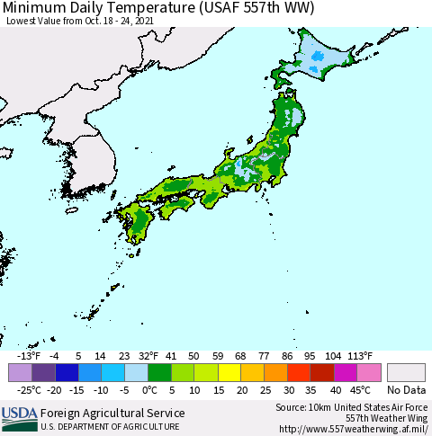 Japan Minimum Daily Temperature (USAF 557th WW) Thematic Map For 10/18/2021 - 10/24/2021