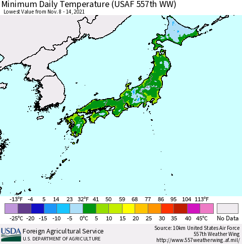 Japan Minimum Daily Temperature (USAF 557th WW) Thematic Map For 11/8/2021 - 11/14/2021