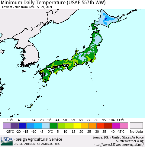 Japan Minimum Daily Temperature (USAF 557th WW) Thematic Map For 11/15/2021 - 11/21/2021