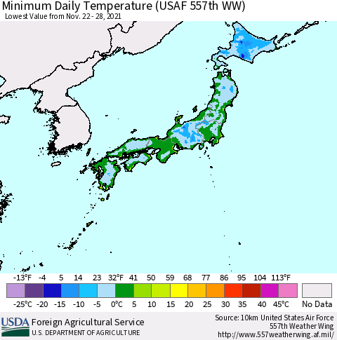 Japan Minimum Daily Temperature (USAF 557th WW) Thematic Map For 11/22/2021 - 11/28/2021