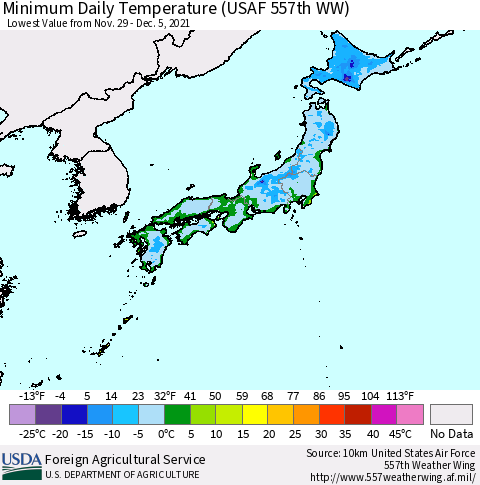 Japan Minimum Daily Temperature (USAF 557th WW) Thematic Map For 11/29/2021 - 12/5/2021