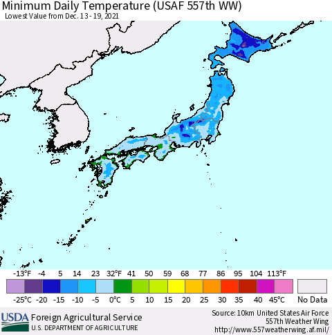 Japan Minimum Daily Temperature (USAF 557th WW) Thematic Map For 12/13/2021 - 12/19/2021