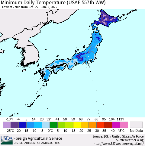 Japan Minimum Daily Temperature (USAF 557th WW) Thematic Map For 12/27/2021 - 1/2/2022