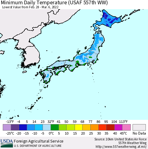 Japan Minimum Daily Temperature (USAF 557th WW) Thematic Map For 2/28/2022 - 3/6/2022