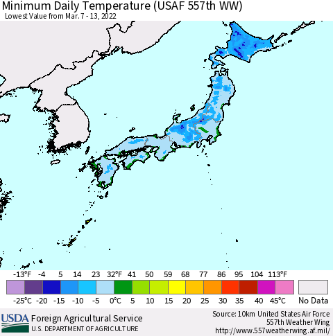 Japan Minimum Daily Temperature (USAF 557th WW) Thematic Map For 3/7/2022 - 3/13/2022