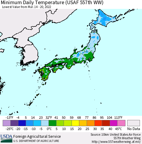 Japan Minimum Daily Temperature (USAF 557th WW) Thematic Map For 3/14/2022 - 3/20/2022