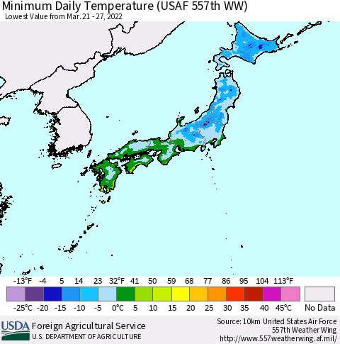 Japan Minimum Daily Temperature (USAF 557th WW) Thematic Map For 3/21/2022 - 3/27/2022