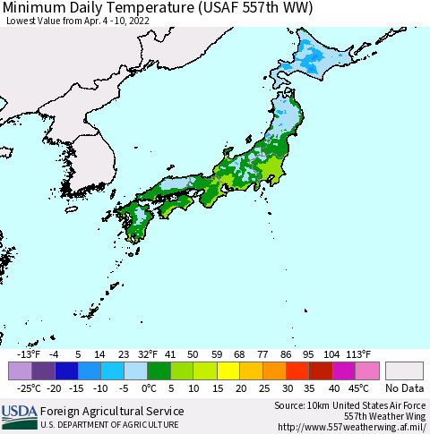 Japan Minimum Daily Temperature (USAF 557th WW) Thematic Map For 4/4/2022 - 4/10/2022