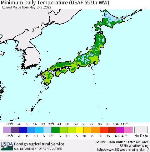 Japan Minimum Daily Temperature (USAF 557th WW) Thematic Map For 5/2/2022 - 5/8/2022