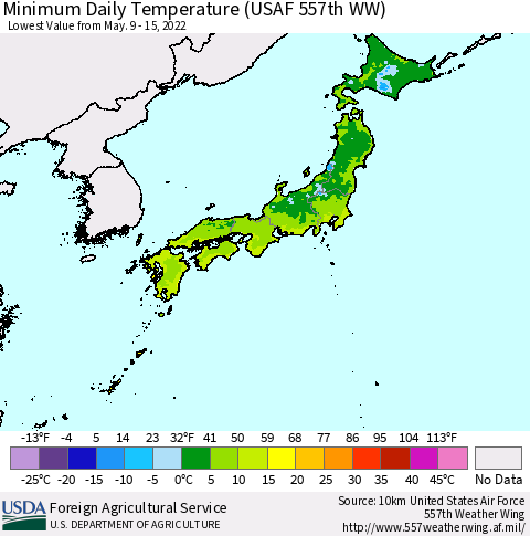 Japan Minimum Daily Temperature (USAF 557th WW) Thematic Map For 5/9/2022 - 5/15/2022