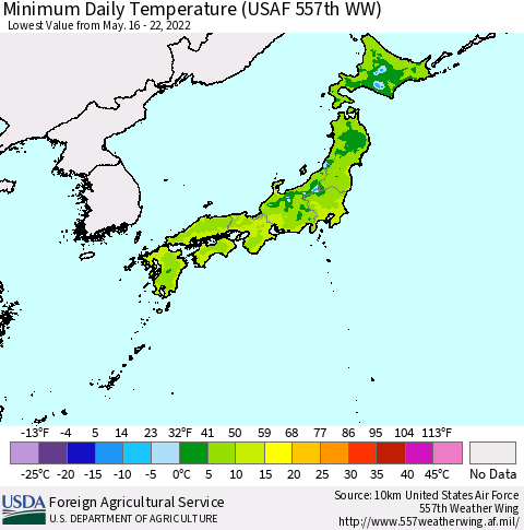 Japan Minimum Daily Temperature (USAF 557th WW) Thematic Map For 5/16/2022 - 5/22/2022