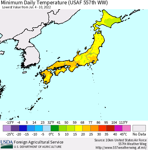 Japan Minimum Daily Temperature (USAF 557th WW) Thematic Map For 7/4/2022 - 7/10/2022