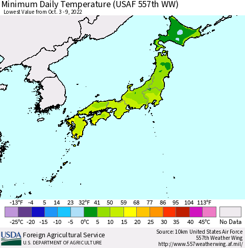 Japan Minimum Daily Temperature (USAF 557th WW) Thematic Map For 10/3/2022 - 10/9/2022