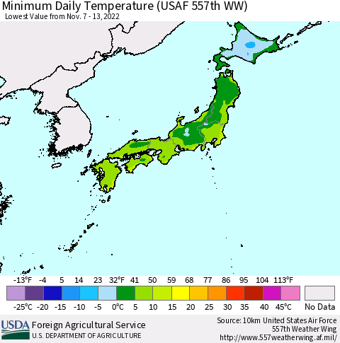 Japan Minimum Daily Temperature (USAF 557th WW) Thematic Map For 11/7/2022 - 11/13/2022