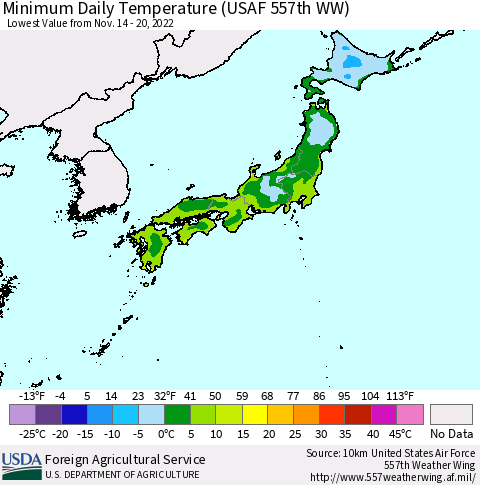 Japan Minimum Daily Temperature (USAF 557th WW) Thematic Map For 11/14/2022 - 11/20/2022