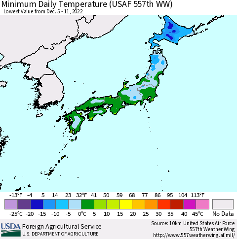 Japan Minimum Daily Temperature (USAF 557th WW) Thematic Map For 12/5/2022 - 12/11/2022