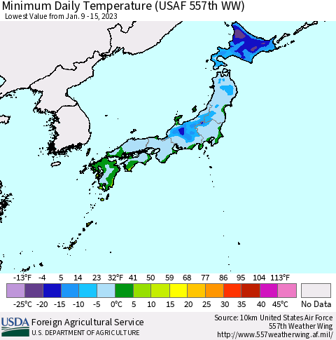 Japan Minimum Daily Temperature (USAF 557th WW) Thematic Map For 1/9/2023 - 1/15/2023