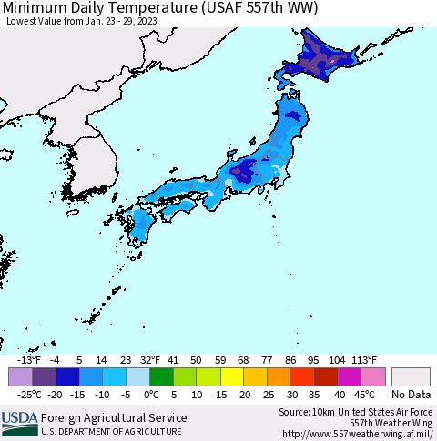 Japan Minimum Daily Temperature (USAF 557th WW) Thematic Map For 1/23/2023 - 1/29/2023