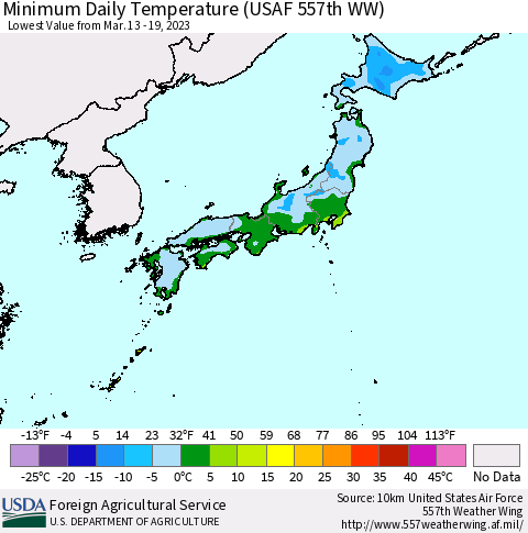 Japan Minimum Daily Temperature (USAF 557th WW) Thematic Map For 3/13/2023 - 3/19/2023