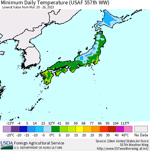 Japan Minimum Daily Temperature (USAF 557th WW) Thematic Map For 3/20/2023 - 3/26/2023