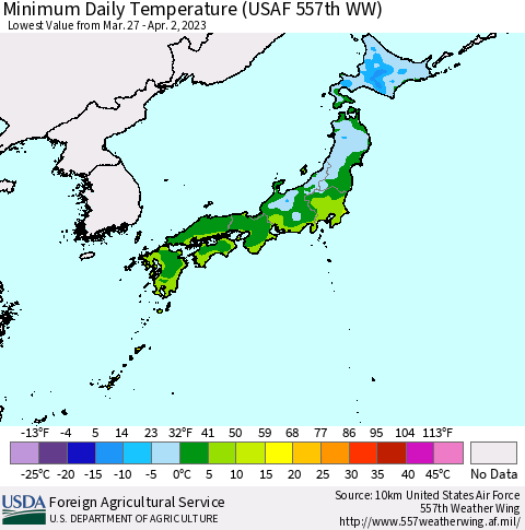 Japan Minimum Daily Temperature (USAF 557th WW) Thematic Map For 3/27/2023 - 4/2/2023