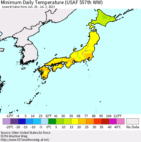 Japan Minimum Daily Temperature (USAF 557th WW) Thematic Map For 6/26/2023 - 7/2/2023