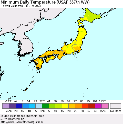 Japan Minimum Daily Temperature (USAF 557th WW) Thematic Map For 7/3/2023 - 7/9/2023