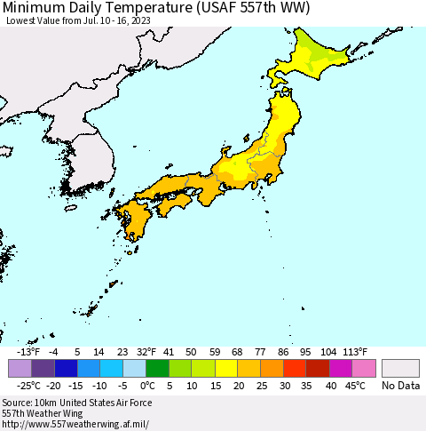Japan Minimum Daily Temperature (USAF 557th WW) Thematic Map For 7/10/2023 - 7/16/2023