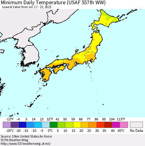 Japan Minimum Daily Temperature (USAF 557th WW) Thematic Map For 7/17/2023 - 7/23/2023