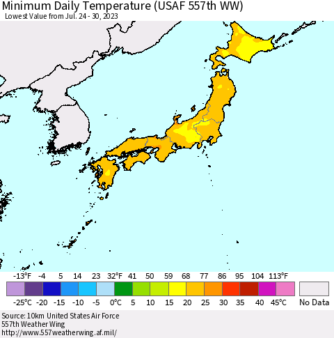 Japan Minimum Daily Temperature (USAF 557th WW) Thematic Map For 7/24/2023 - 7/30/2023
