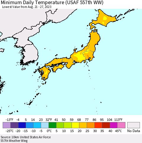 Japan Minimum Daily Temperature (USAF 557th WW) Thematic Map For 8/21/2023 - 8/27/2023