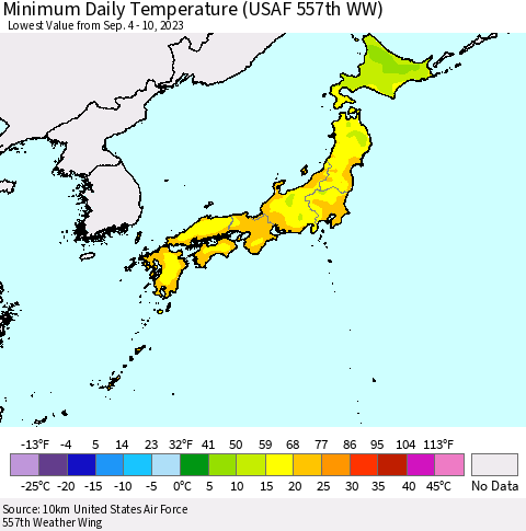 Japan Minimum Daily Temperature (USAF 557th WW) Thematic Map For 9/4/2023 - 9/10/2023