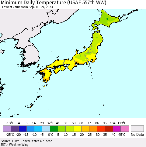 Japan Minimum Daily Temperature (USAF 557th WW) Thematic Map For 9/18/2023 - 9/24/2023