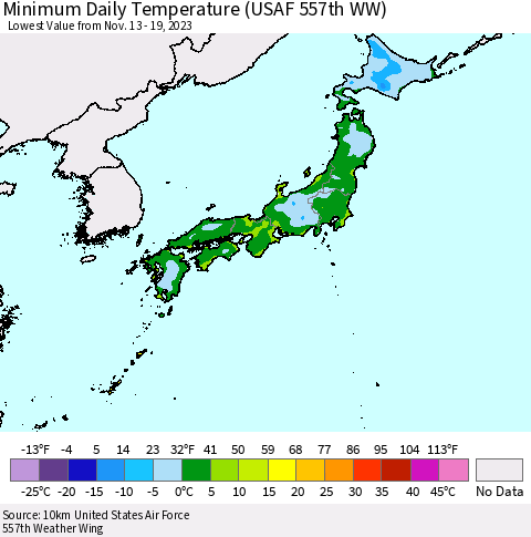Japan Minimum Daily Temperature (USAF 557th WW) Thematic Map For 11/13/2023 - 11/19/2023