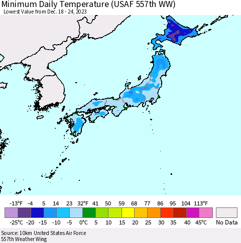 Japan Minimum Daily Temperature (USAF 557th WW) Thematic Map For 12/18/2023 - 12/24/2023