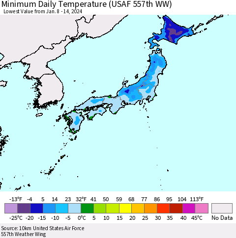 Japan Minimum Daily Temperature (USAF 557th WW) Thematic Map For 1/8/2024 - 1/14/2024