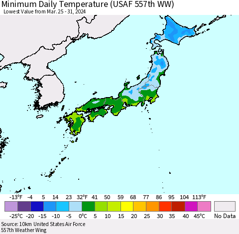 Japan Minimum Daily Temperature (USAF 557th WW) Thematic Map For 3/25/2024 - 3/31/2024