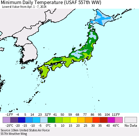 Japan Minimum Daily Temperature (USAF 557th WW) Thematic Map For 4/1/2024 - 4/7/2024