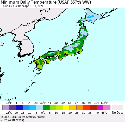 Japan Minimum Daily Temperature (USAF 557th WW) Thematic Map For 4/8/2024 - 4/14/2024