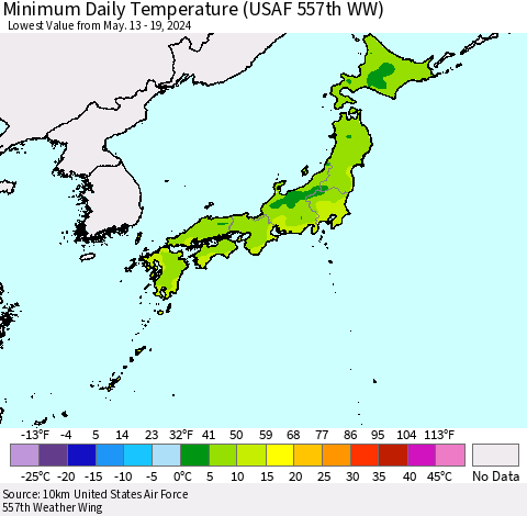 Japan Minimum Daily Temperature (USAF 557th WW) Thematic Map For 5/13/2024 - 5/19/2024