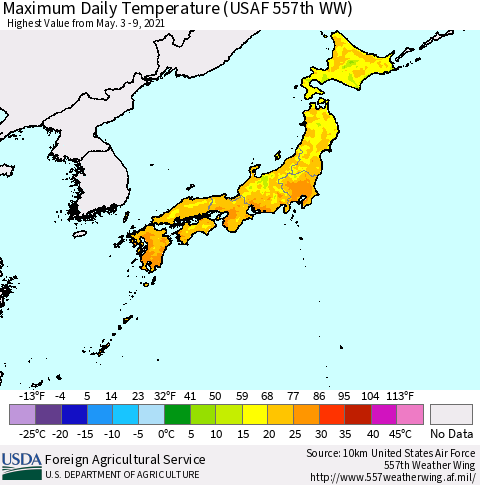 Japan Maximum Daily Temperature (USAF 557th WW) Thematic Map For 5/3/2021 - 5/9/2021