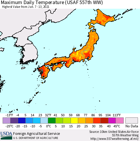 Japan Maximum Daily Temperature (USAF 557th WW) Thematic Map For 6/7/2021 - 6/13/2021